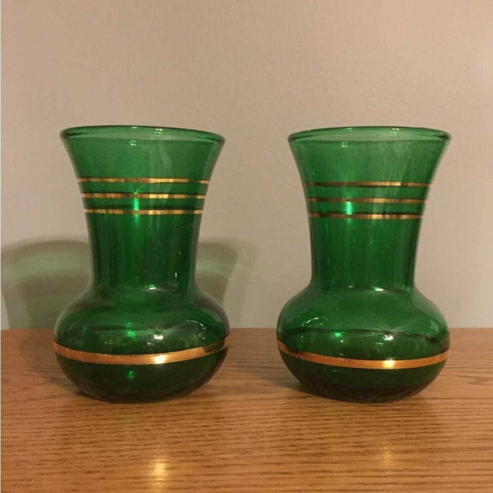 Antique set of 2 Green vases with Gold trim